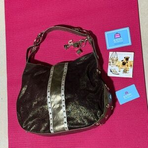 Kathy Van Zeeland Black Metallic Studded Hobo with Silver Stripes